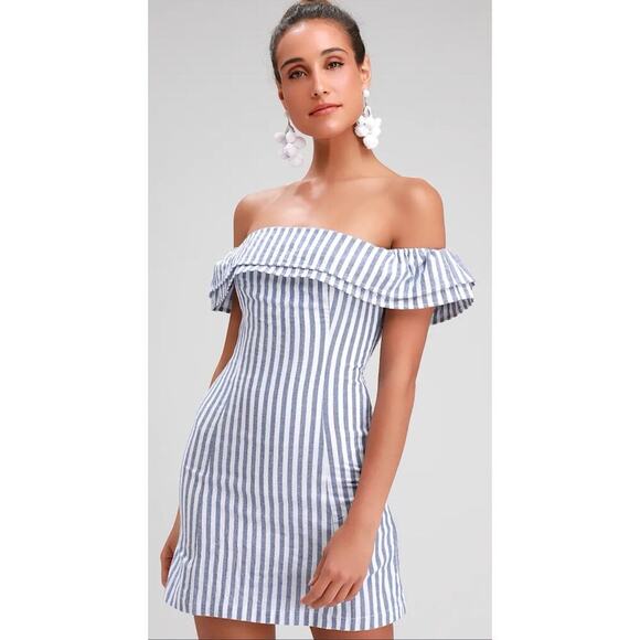 Lulus Seaside Skipper Striped Off Shoulder Mini Dress misses size S - Picture 9 of 9